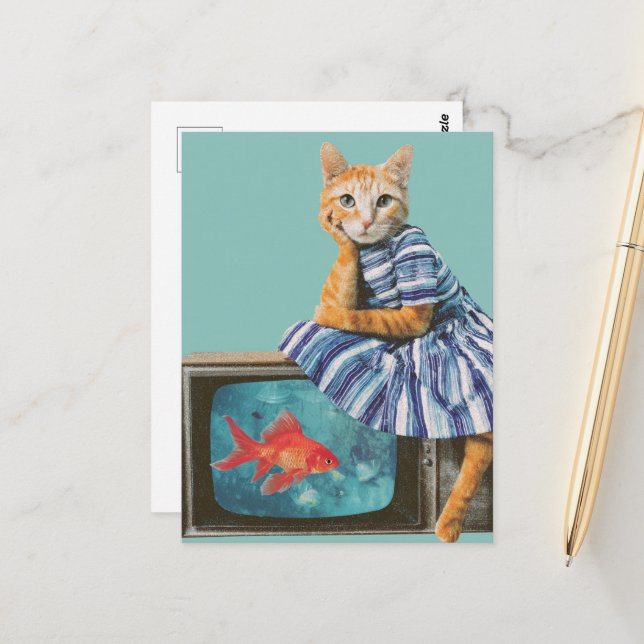 Cat With Goldfish on TV Retro Collage Postcard (Front/Back In Situ)