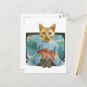 Cat With Goldfish on TV Retro Collage Postcard