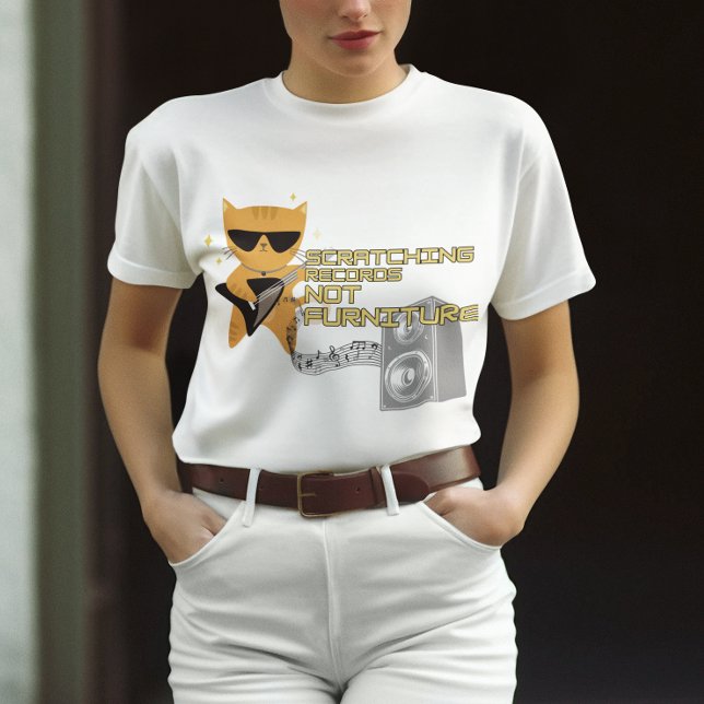 Cat with guitar scratching records not furniture  T-Shirt (Creator Uploaded)