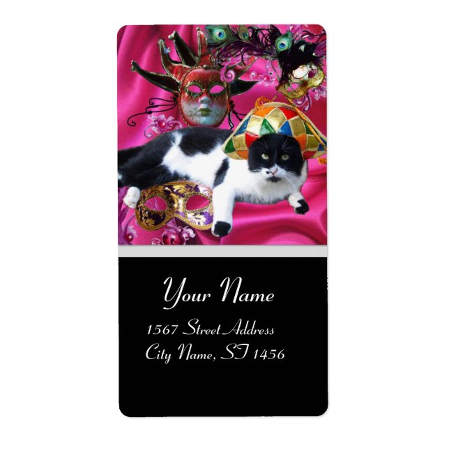 CAT WITH HARLEQUIN HAT AND MASQUERADE PARTY MASKS (Front)