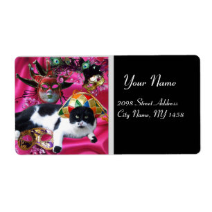 CAT WITH HARLEQUIN HAT AND MASQUERADE PARTY MASKS