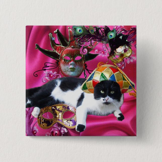 CAT WITH HARLEQUIN HAT AND MASQUERADE PARTY MASKS 15 CM SQUARE BADGE (Front)