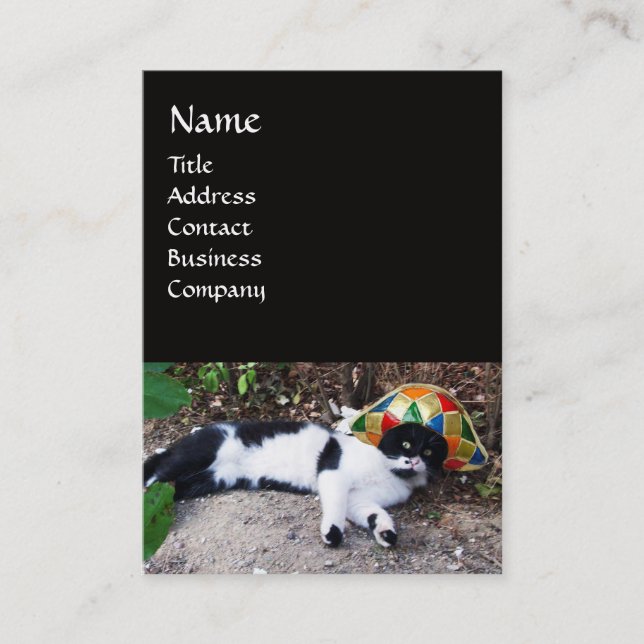 CAT WITH HARLEQUIN HAT AND MASQUERADE PARTY MASKS BUSINESS CARD (Front)