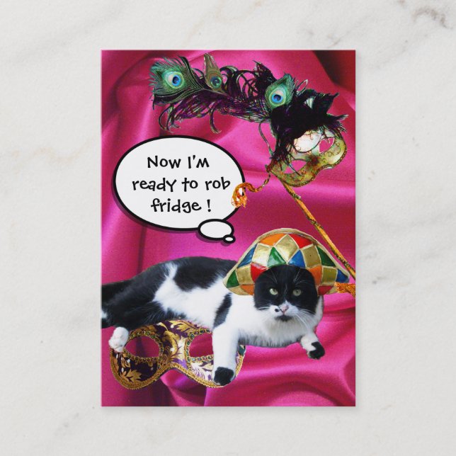 CAT WITH HARLEQUIN HAT AND MASQUERADE PARTY MASKS BUSINESS CARD (Front)