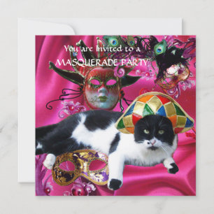 CAT WITH HARLEQUIN HAT AND MASQUERADE PARTY MASKS INVITATION