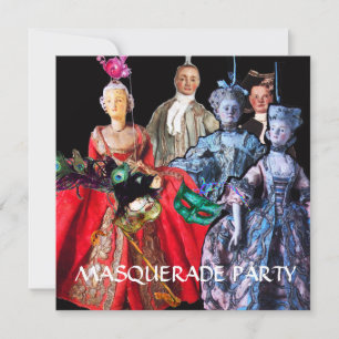 CAT WITH HARLEQUIN HAT AND MASQUERADE PARTY MASKS INVITATION