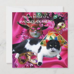 CAT WITH HARLEQUIN HAT AND MASQUERADE PARTY MASKS INVITATION