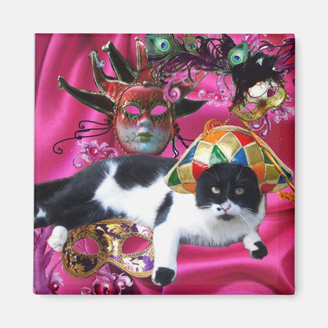 CAT WITH HARLEQUIN HAT AND MASQUERADE PARTY MASKS MAGNET (Front)