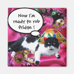 CAT WITH HARLEQUIN HAT AND MASQUERADE PARTY MASKS MAGNET