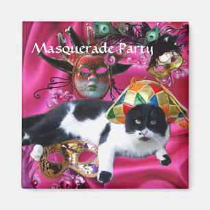 CAT WITH HARLEQUIN HAT AND MASQUERADE PARTY MASKS MAGNET