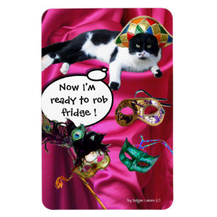 CAT WITH HARLEQUIN HAT AND MASQUERADE PARTY MASKS MAGNET