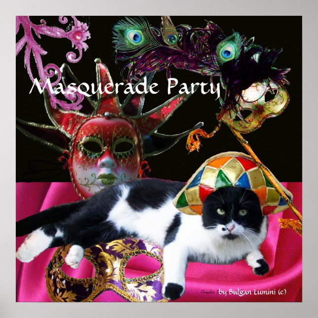 CAT WITH HARLEQUIN HAT AND MASQUERADE PARTY MASKS POSTER (Front)