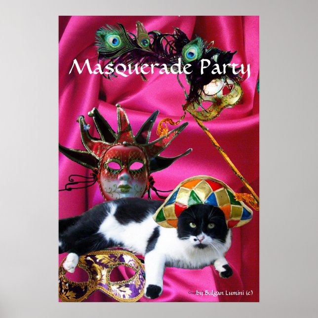 CAT WITH HARLEQUIN HAT AND MASQUERADE PARTY MASKS POSTER (Front)