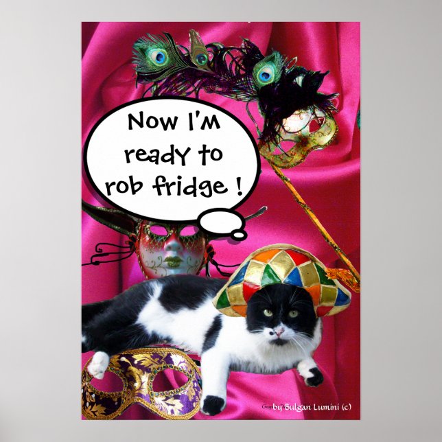 CAT WITH HARLEQUIN HAT AND MASQUERADE PARTY MASKS POSTER (Front)