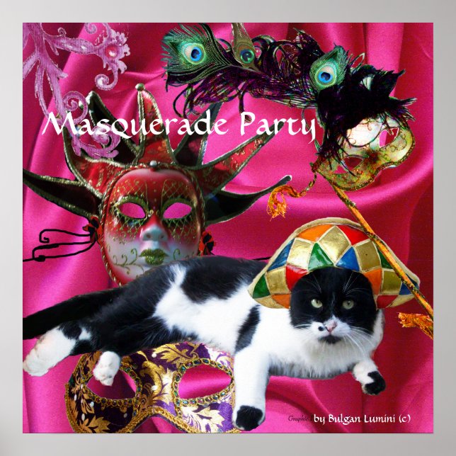 CAT WITH HARLEQUIN HAT AND MASQUERADE PARTY MASKS POSTER (Front)