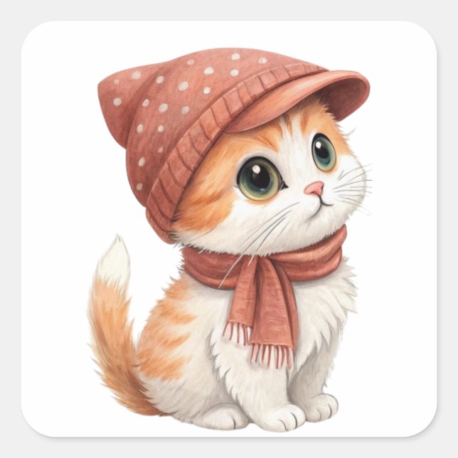 Cat With Hat And Scarf, Pastel Colour Square Sticker (Front)