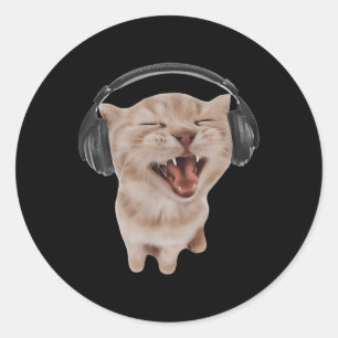 Cat With Headphones Classic Round Sticker