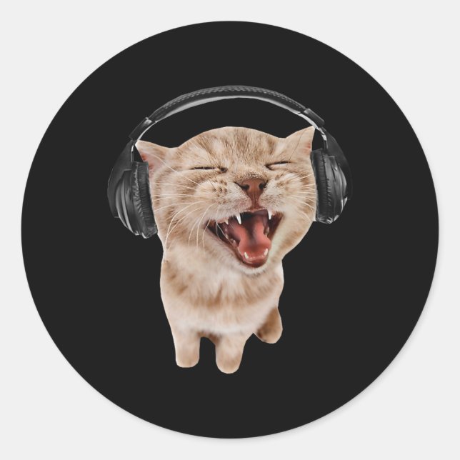 Cat With Headphones Meme  Classic Round Sticker (Front)