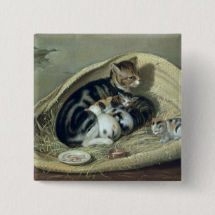 Cat with Her Kittens in a Basket, 1797 15 Cm Square Badge