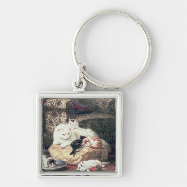Cat with her Kittens on a Cushion Key Ring (Front)