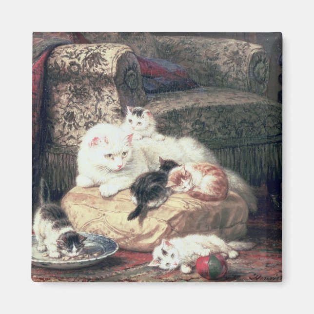 Cat with her Kittens on a Cushion Magnet (Front)