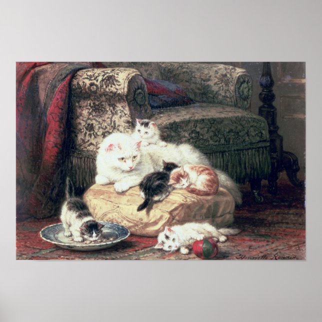 Cat with her Kittens on a Cushion Poster (Front)