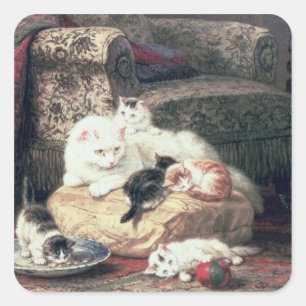 Cat with her Kittens on a Cushion Square Sticker