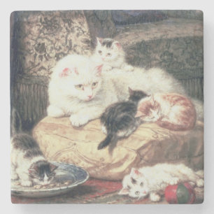 Cat with her Kittens on a Cushion Stone Coaster