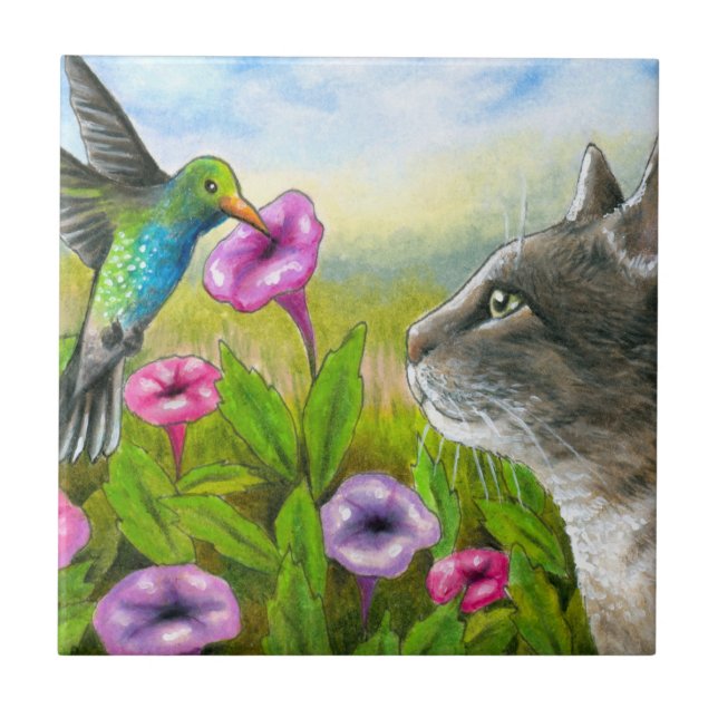 Cat with Hummingbird 591 Tile (Front)