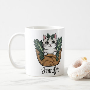 Cat with Kale in Basket Personalised name Coffee Mug