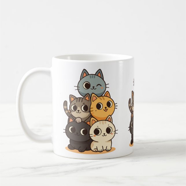 Cat with kittens drawn by hand. coffee mug (Left)