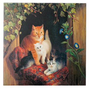 Cat with Kittens, fine art painting, Tile