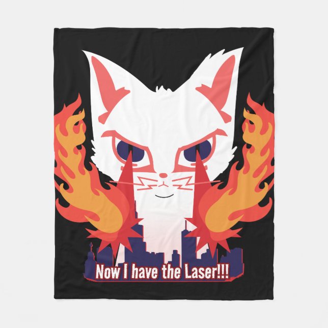 Cat with laser eyes burning down the city fleece blanket (Front)