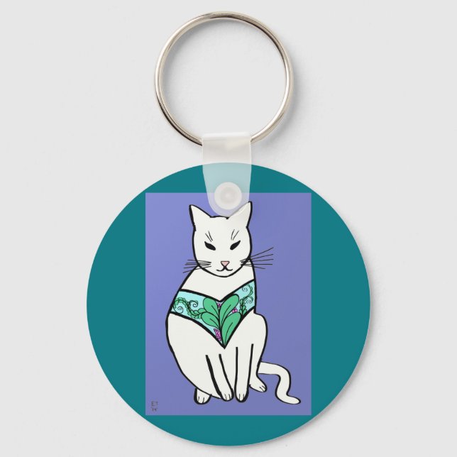Cat with Leaf Design Key Ring (Front)