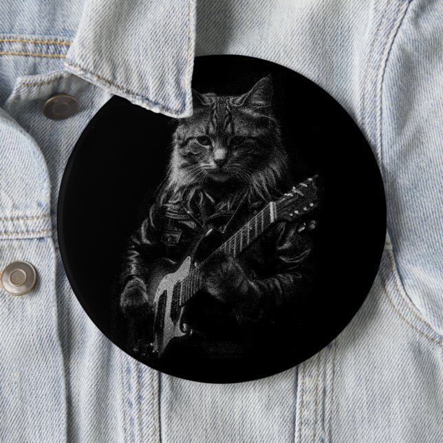 Cat with leather Jacket playing electric guitar  6 Cm Round Badge (In Situ)