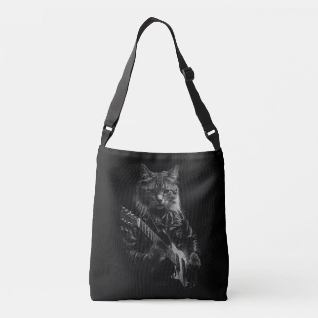 Cat with leather Jacket playing electric guitar  Crossbody Bag (Back)