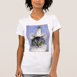 Cat with Lily Hat on Blue background tee shirt