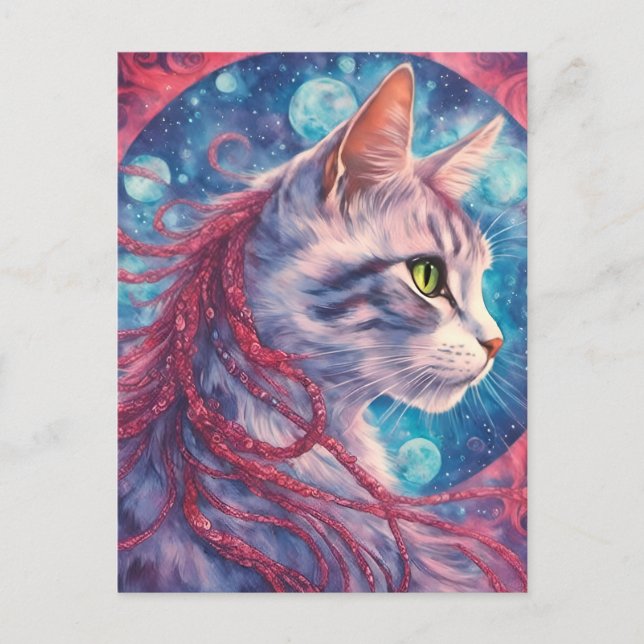 Cat with long pink hair braids  postcard (Front)