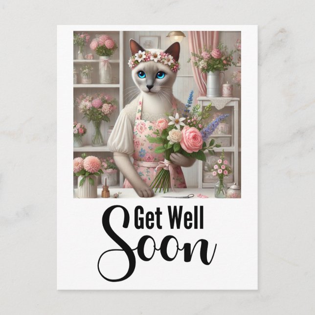 Cat with lots of flowers Get well soon  Postcard (Front)