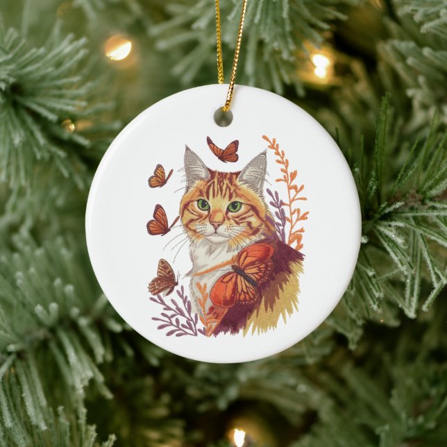 Cat with Monarch Butterflies Ceramic Tree Decoration (Tree)