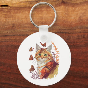 Cat with Monarch Butterflies Key Ring