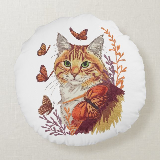 Cat with Monarch Butterflies Round Cushion (Back)
