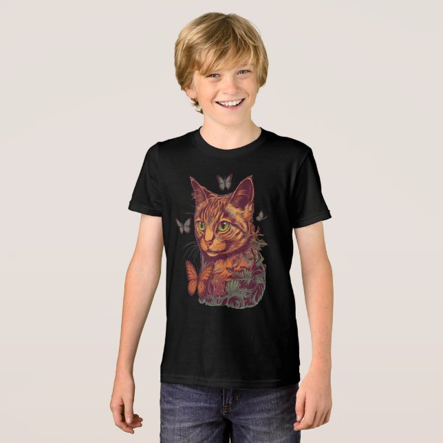 Cat with Monarch Butterflies Tri-Blend Shirt (Front Full)