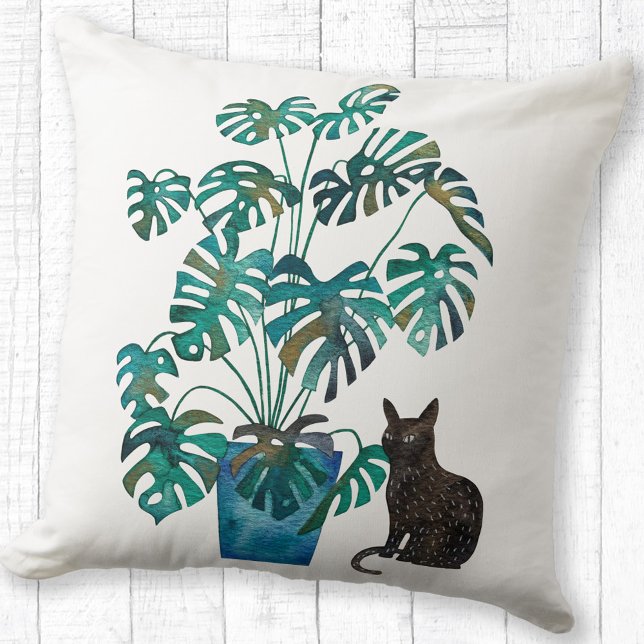 Cat with Monstera Plant Watercolor Cushion (Cat with Swiss Cheese Plant watercolor art throw pillow)