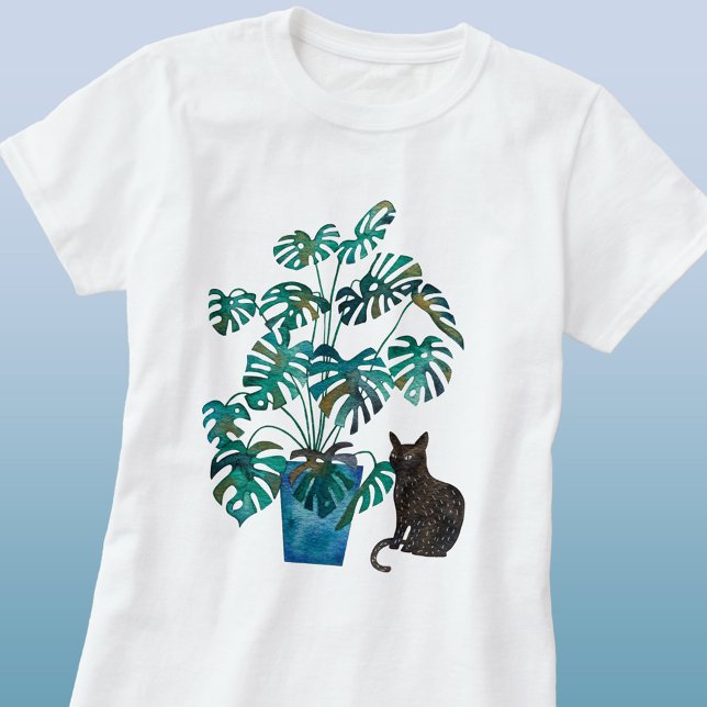 Cat with Monstera Plant Watercolor T-Shirt (Cat with Swiss Cheese Plant watercolor art t-shirt)