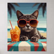 Cat with orange juice in beach