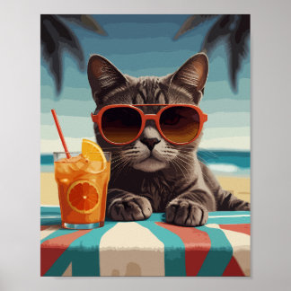 Cat with orange juice in beach poster