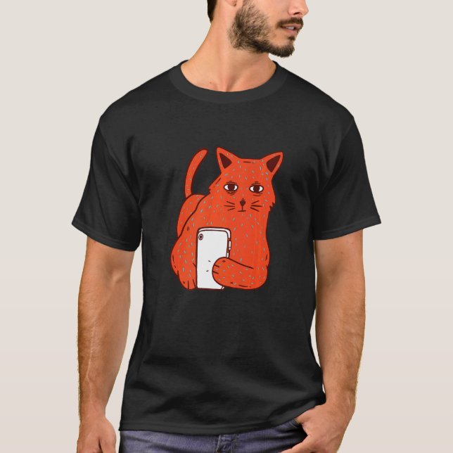 Cat With Phone T-Shirt (Front)