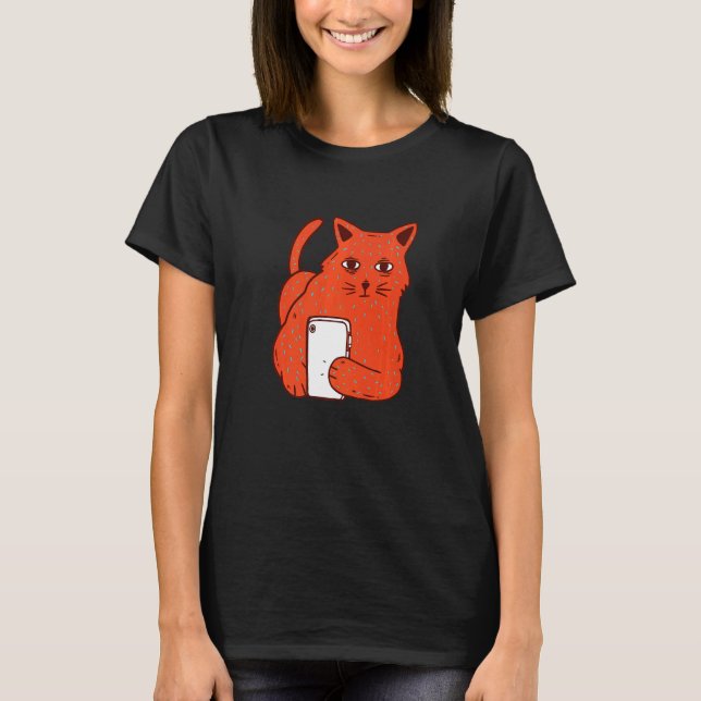 Cat With Phone T-Shirt (Front)