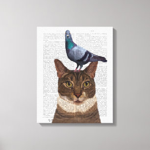 Cat with Pigeon on Head Canvas Print